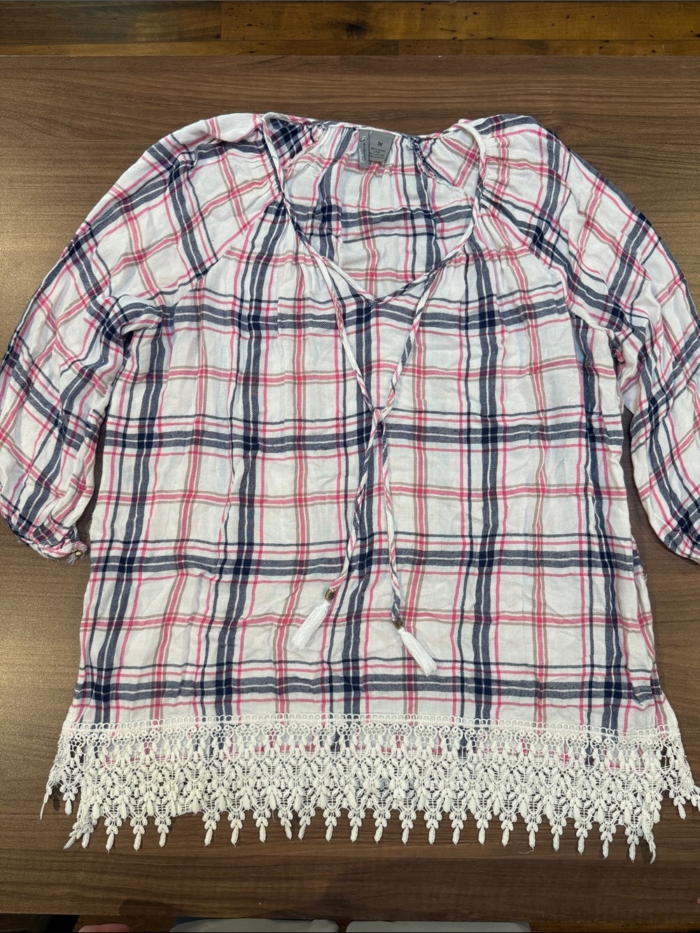 new directions White Plaid Tassel Blouse with Navy & Pink